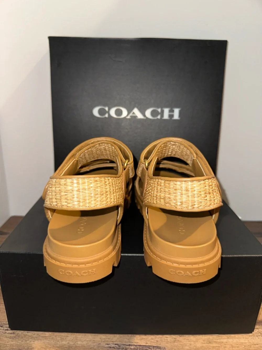Coach Tan Brynn straw sandals with Gold Hardware - Picture 3 of 8